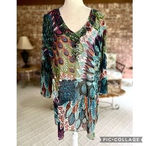 Double Decker Peacock Print Beaded Swim Beach Pool Coverup L/XL